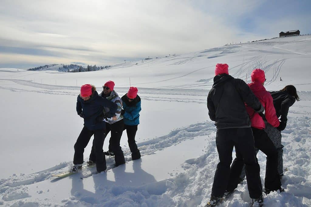 Groupe d'amis dans la neige pour un EVG / EVJF en hiver
